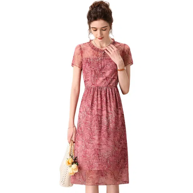 粉红玛琍 优雅气质印花木耳边高腰短袖连衣裙 女款 粉花