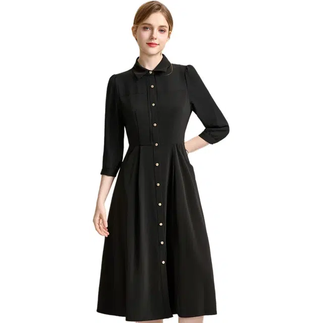 粉红玛琍 纯色翻领高腰长袖连衣裙 女款 黑色