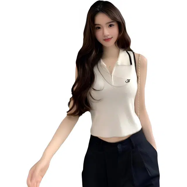 缪斯的诱惑 实拍撞色翻领半拉链无袖针织衫女夏季背心上衣吊带 女款