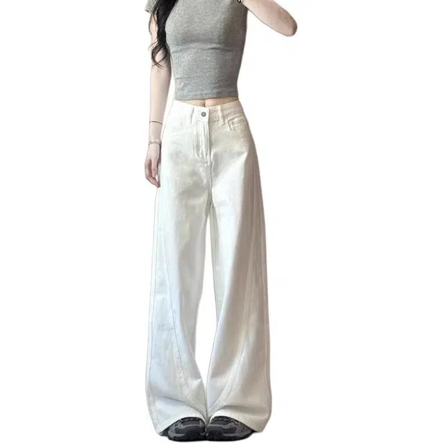 如续 垂感弯刀夏季设计感高腰宽松阔腿显瘦休闲直筒裤牛仔裤 女款