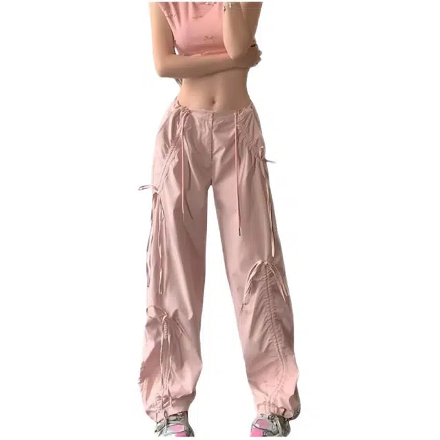 天才小熊 潮流时尚爵士街舞美式设计感系绳蝴蝶结工装裤辣妹百搭宽松高腰阔腿裤休闲裤  女款