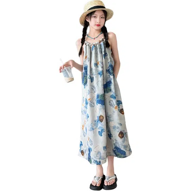 泰迪珍藏连衣裙 气质复古流行吊带 水墨蓝 中小童