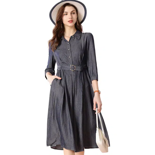 粉红玛琍 中长薄款翻领高腰纯色长袖连衣裙 女款 蓝色