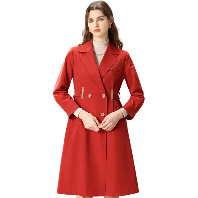 粉红玛琍 气质西装领收腰显瘦双排扣中长款风衣 女款 红色