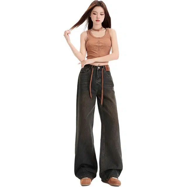 玫丝朵 美式复古做旧设计高腰百搭宽松直筒牛仔裤 女款