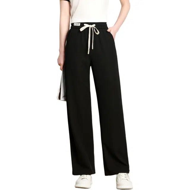 粉红玛琍 纯色高腰直筒阔腿休闲裤 女款 黑色