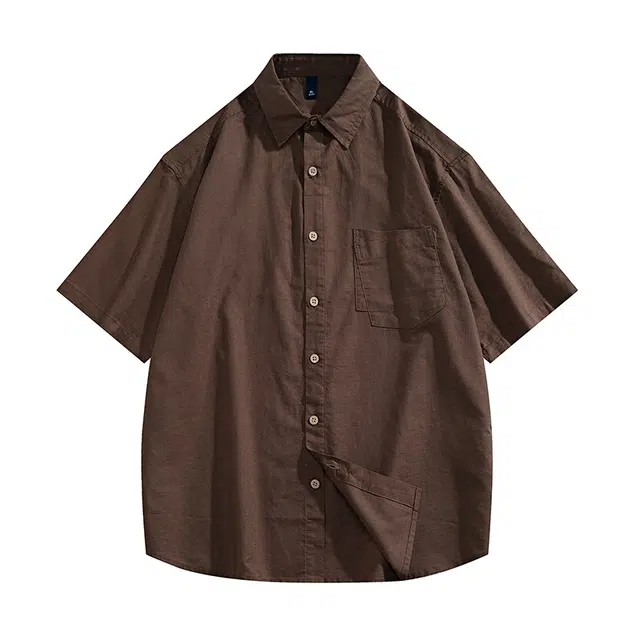 左岸 夏季棉麻透气短袖衬衣港风少年感翻领纯色简约休闲潮牌半袖痞帅上衣衬衫 男款
