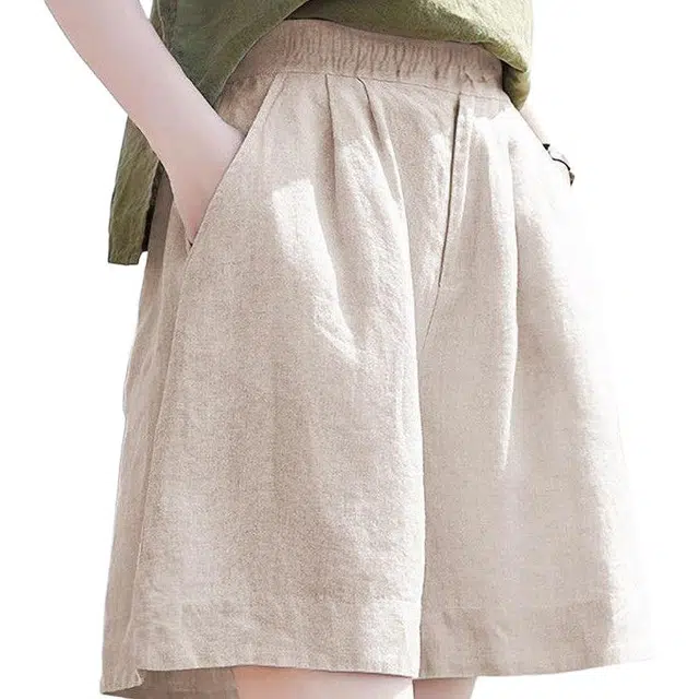 木清清 纯色松紧腰阔腿五分裤女夏季宽松复古休闲短裤 女款