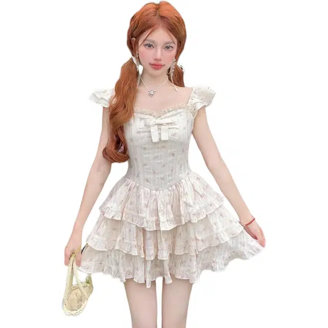 黛尔佳人 甜美小飞袖碎花女夏季小个子温柔收腰蓬蓬蛋糕短裙短袖连衣裙 女款