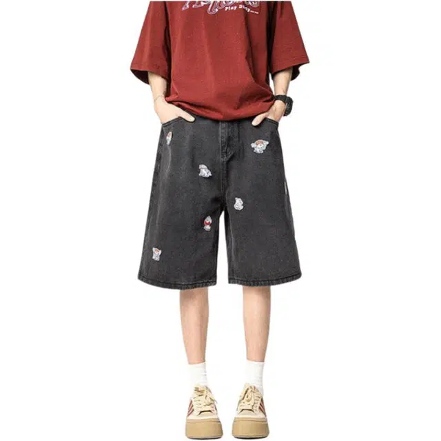 颂希尔 美式复古港风小狗刺绣薄款设计感小众五分裤宽松休闲中裤牛仔短裤 男女同款