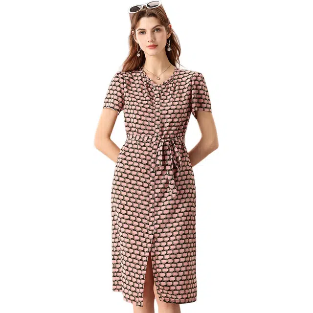 粉红玛琍 高级感印花收腰显瘦轻薄中长款短袖连衣裙 女款 粉色