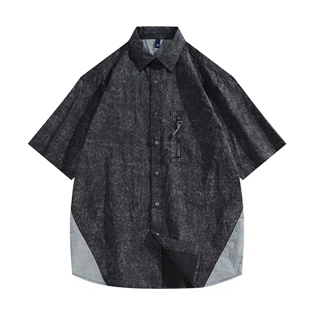 左岸 港风青少年感夏季透气短袖衬衣翻领拼色高级感休闲宽松潮牌半袖痞帅上衣衬衫 男款