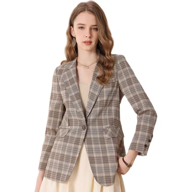 粉红玛琍 格子一粒扣修身长袖西装 女款 杏蓝格