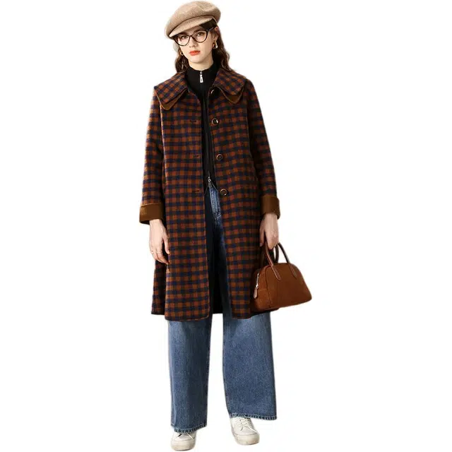 粉红玛琍 别致双层领单排扣格子中长款大衣 女款 蓝格