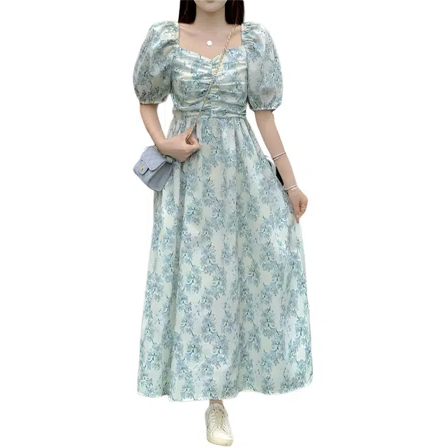 哒头下雨不愁 甜美小清新碎花泡泡袖法式高级感方领长裙短袖连衣裙 女款 图片色