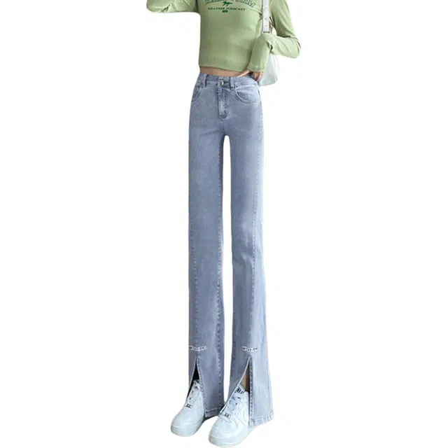惟熙 开叉微喇叭裤春款高腰小个子显瘦喇叭马蹄裤子牛仔裤 女款 浅蓝色