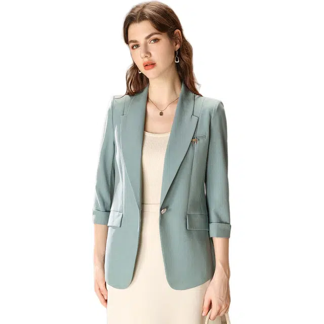 粉红玛琍 时尚简约七分袖修身西装 女款 薄荷绿