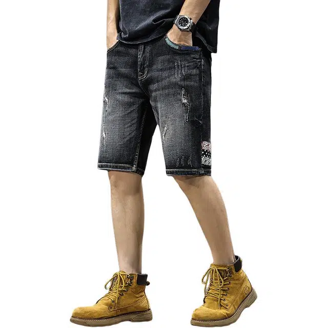 前进牛 美式复古水洗痞帅宽松直筒五分牛仔短裤 男款