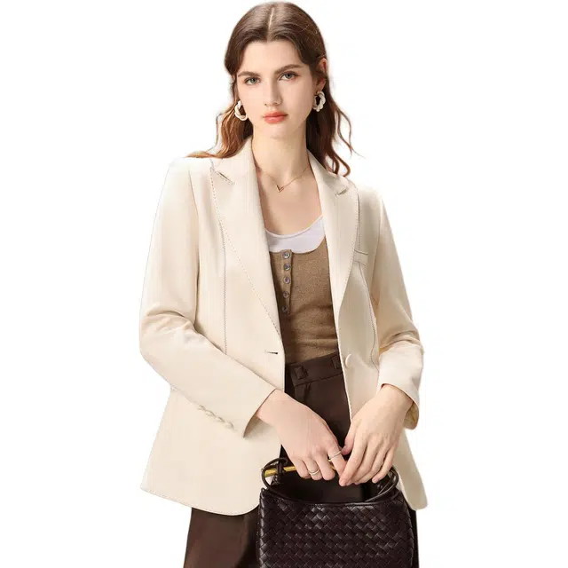 粉红玛琍 纯色合身一粒扣西装 女款 米白