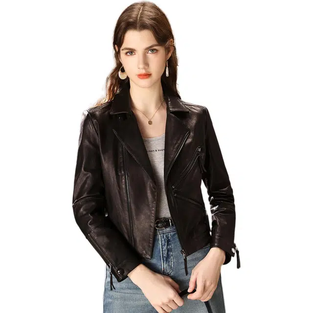 粉红玛琍 纯色西装领拉链机车短款长袖皮衣 女款 黑色