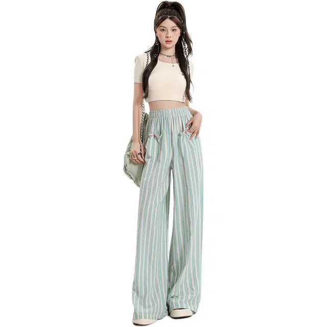 玫丝朵 美式薄荷曼波条纹设计时尚百搭宽松直筒垂感休闲裤 女款