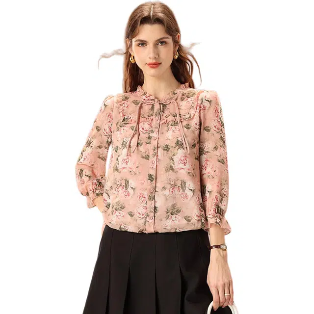 粉红玛琍 复古盘扣植物花卉七分袖衬衫 女款 粉花