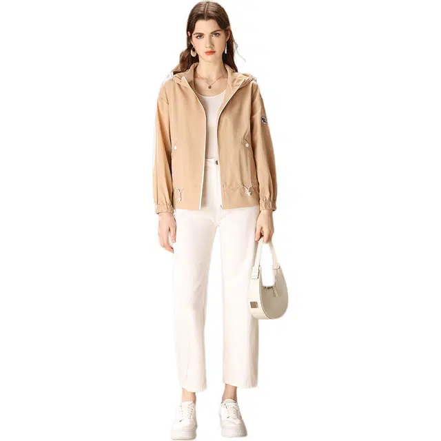 粉红玛琍 连帽休闲宽松夹克外套 女款 卡其