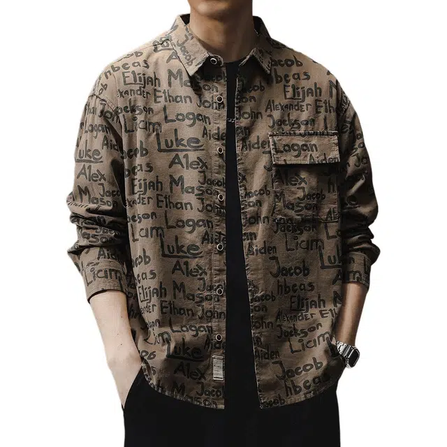 贵色 百搭潮流字母满印方领痞帅时尚休闲咖啡色外套潮美式帅气纯棉工装长袖衬衫 男女同款