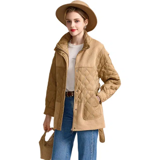 粉红玛琍 纯色立领中长薄款长袖棉服 女款