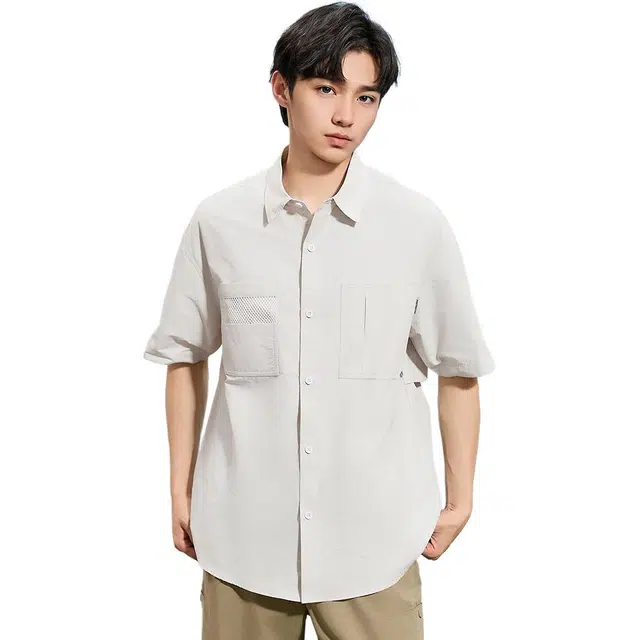 三福 拼接网布工装短袖翻领衬衫 男款