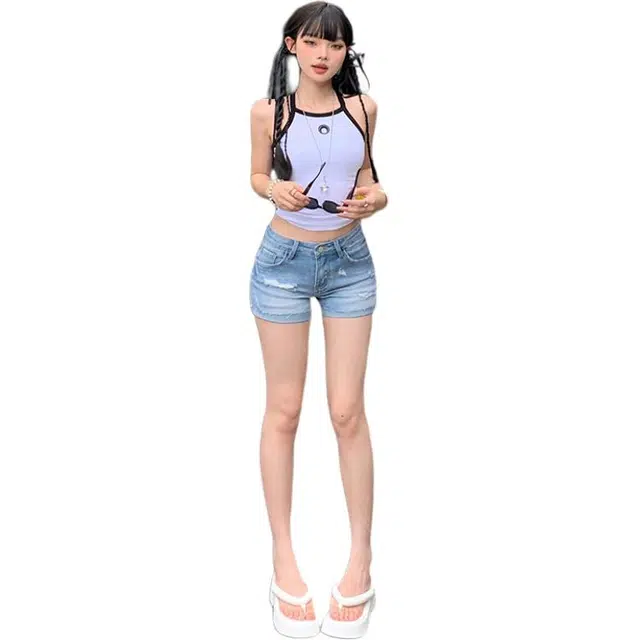 玫丝朵 美式复古破洞低腰裤设计时尚翻边百搭修身包臀牛仔短裤 女款