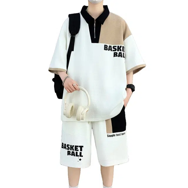 加荣 港风薄款透气冰丝撞色青少年拼接潮流百搭翻领帅气学生潮流穿搭短袖短裤夏季休闲运动套装 男女同款