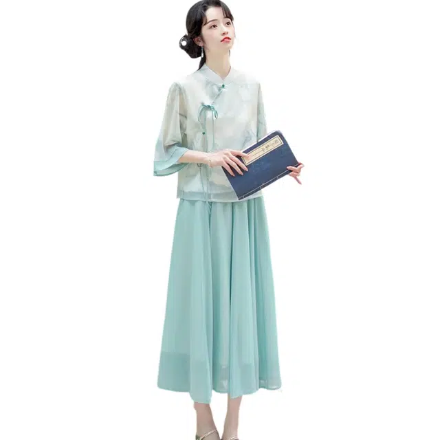丝絮丝绸 新中式国风系带文艺半身裙两件套裙装套装 女款