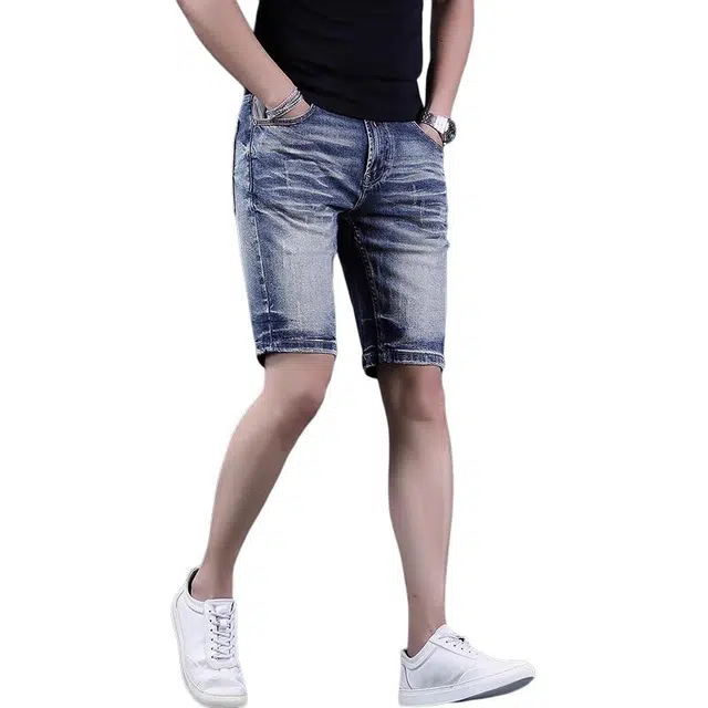尘映 美式高端夏季男士修身潮流五分裤弹力破洞薄款中裤休闲直筒马裤男牛仔短裤 男款