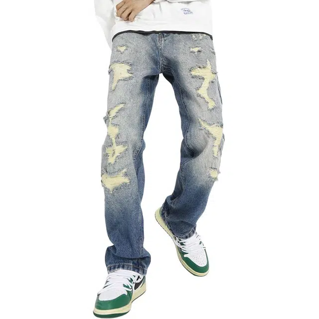 极限涡轮 美式复古水洗破洞长裤宽松休闲阔腿牛仔裤 男女同款 蓝色