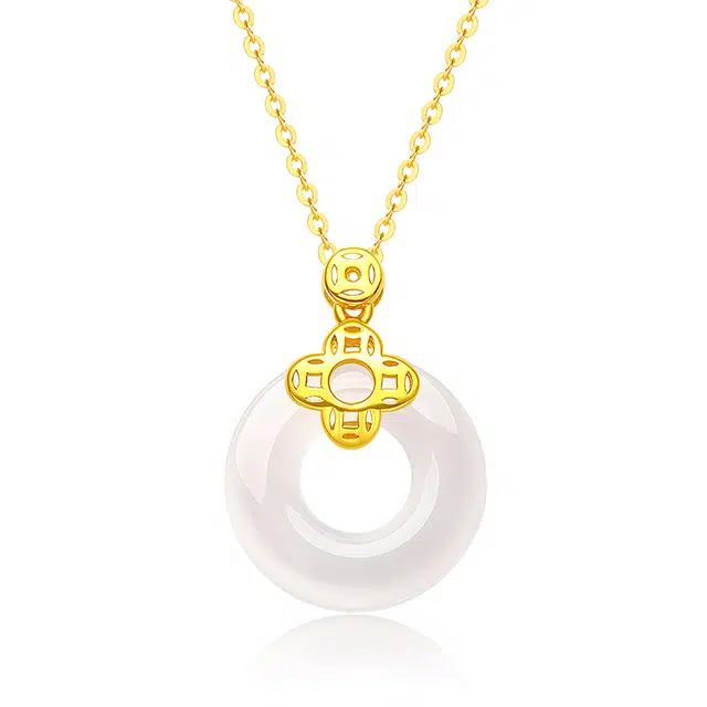 金六福吉祥 福运四叶草平安扣 玉髓 项链 女款