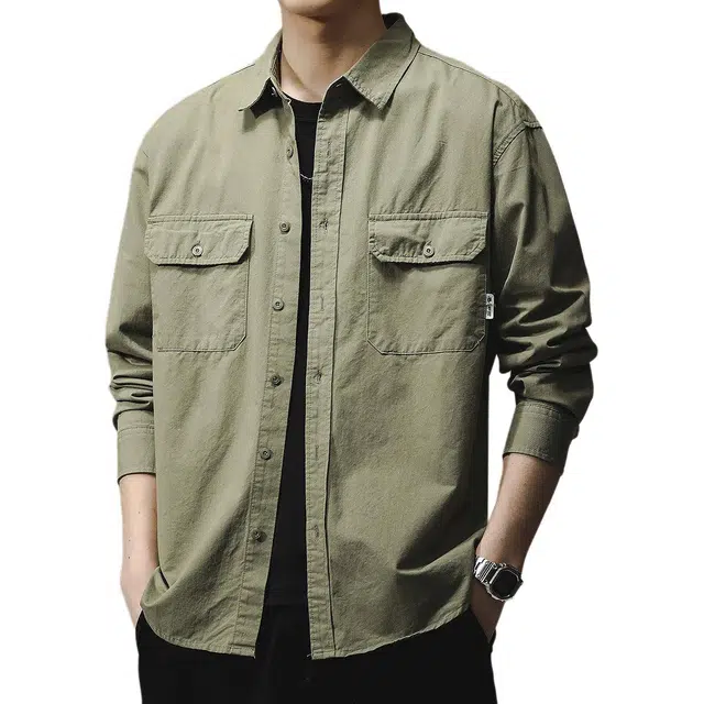 贵色 纯色系翻领工装休闲薄款潮牌上衣外套夹克美式简约多口袋纯棉猎装痞帅百搭长袖衬衫 男女同款