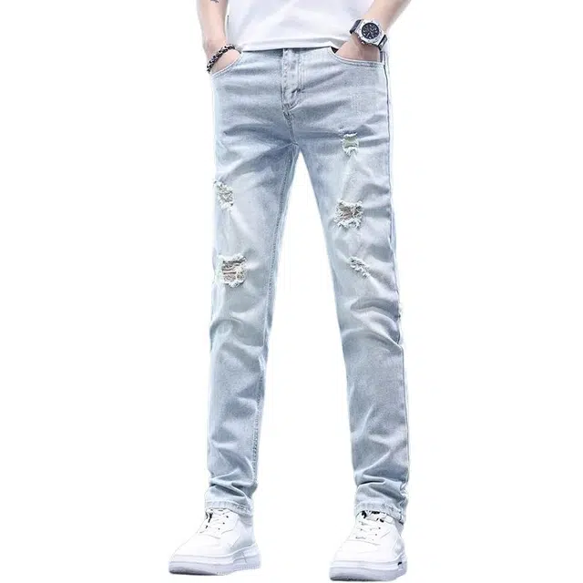 潮人榜 美式高街薄款破洞痞帅长裤潮牌百搭高端直筒牛仔裤 男款