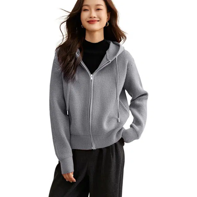 沫晗依美 纯色时尚休闲连帽复古宽松长袖针织衫 女款 中灰色