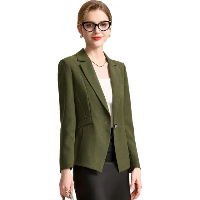 粉红玛琍 一粒扣修身简约西装 女款 军绿