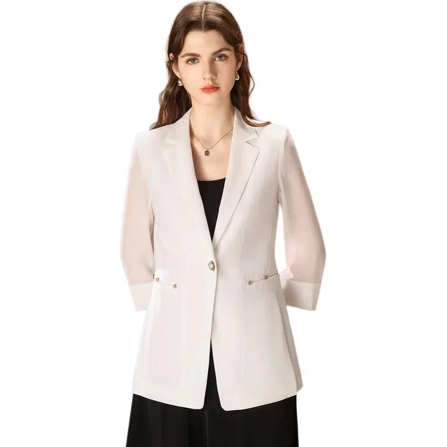粉红玛琍 纯色舒适修身七分袖西装 女款 白色