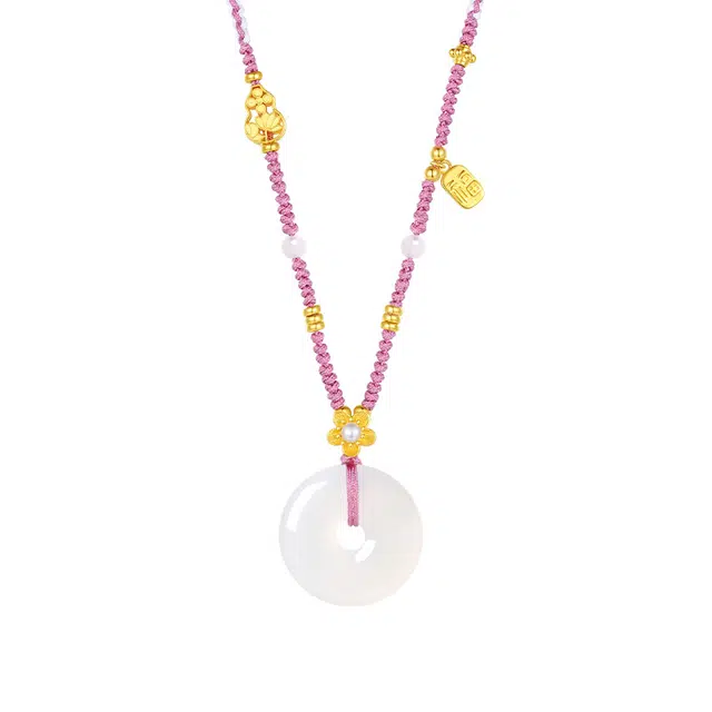 【事事如意】 周大生 平安顺遂纯银镶珍珠素玉平安扣编织绳套链小众新中式国潮国风氛围感毛衣链通勤表白纪念日生日好礼 玉髓 项链 女款