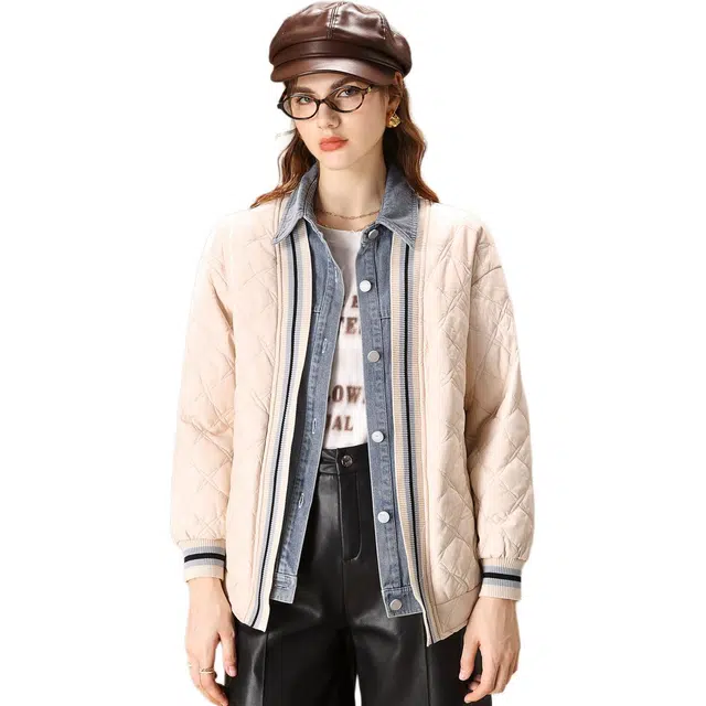 粉红玛琍 翻领拼色单排扣棉服 女款 米白