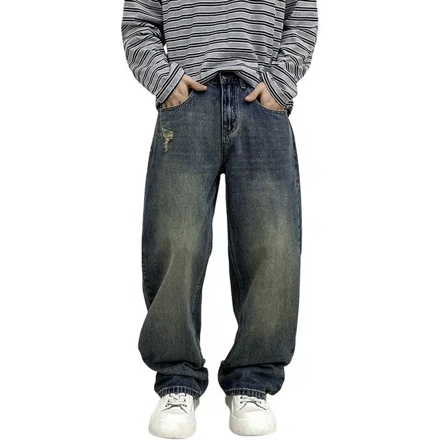 帝狼牛 高端美式复古高级感怀旧水洗时尚百搭高街小众破洞户外休闲运动宽松直筒牛仔裤 男女同款