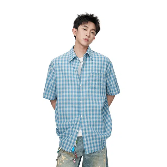 加荣 美式少年感格子短袖衬衫男夏季轻薄透气潮牌青少年户外出行松弛感宽松百搭小众设计感情侣衬衣外套上衣 男女同款