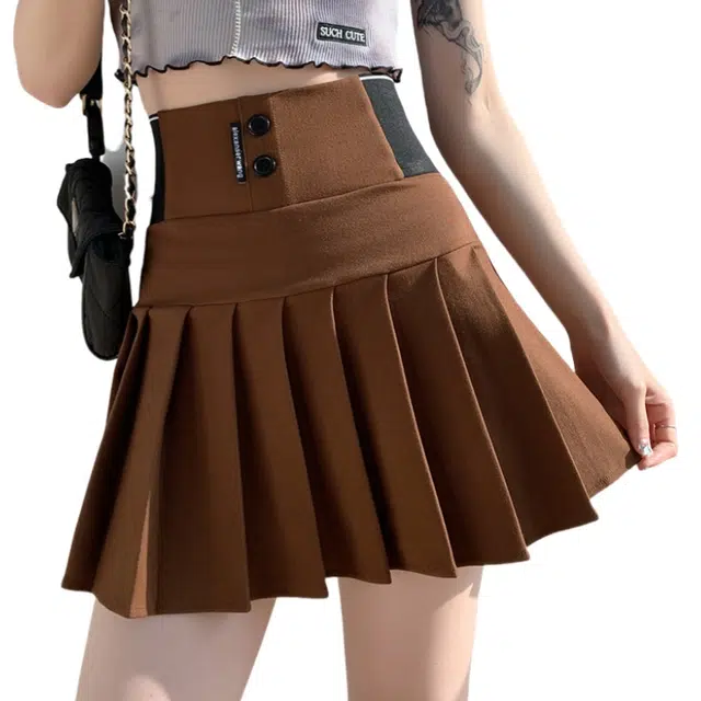 兰缪 时髦吸睛加宽松紧腰高腰百褶半身裙时尚撞色气质百搭休闲短裙 女款