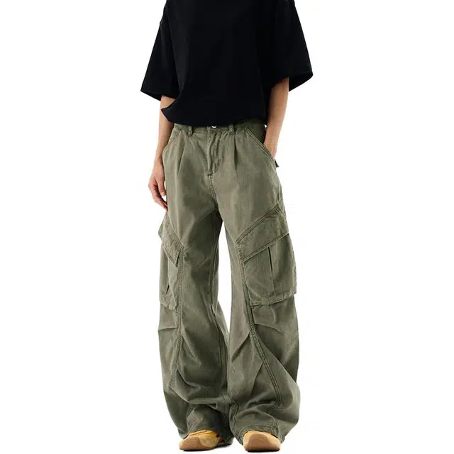 帝狼牛 美式高街基础款纯色时尚大口袋设计感户外机能风百搭宽松垂感直筒工装休闲裤 男女同款