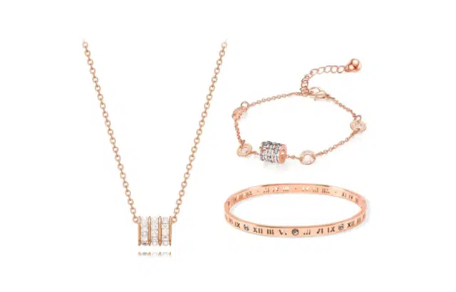 尚银福 小蛮腰系列 复古气质简约小众设计高级感套装 光面立体闪耀镂空圆环罗马数字叠戴手饰锁骨链手饰三件套 合金 项链 女款