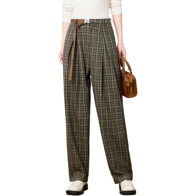 粉红玛琍 格子高腰宽松微弹哈伦休闲裤 女款 咖格