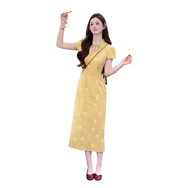 水中花 新中式蜻蜓印花旗袍夏季撞色拼接假两件短袖连衣裙 女款